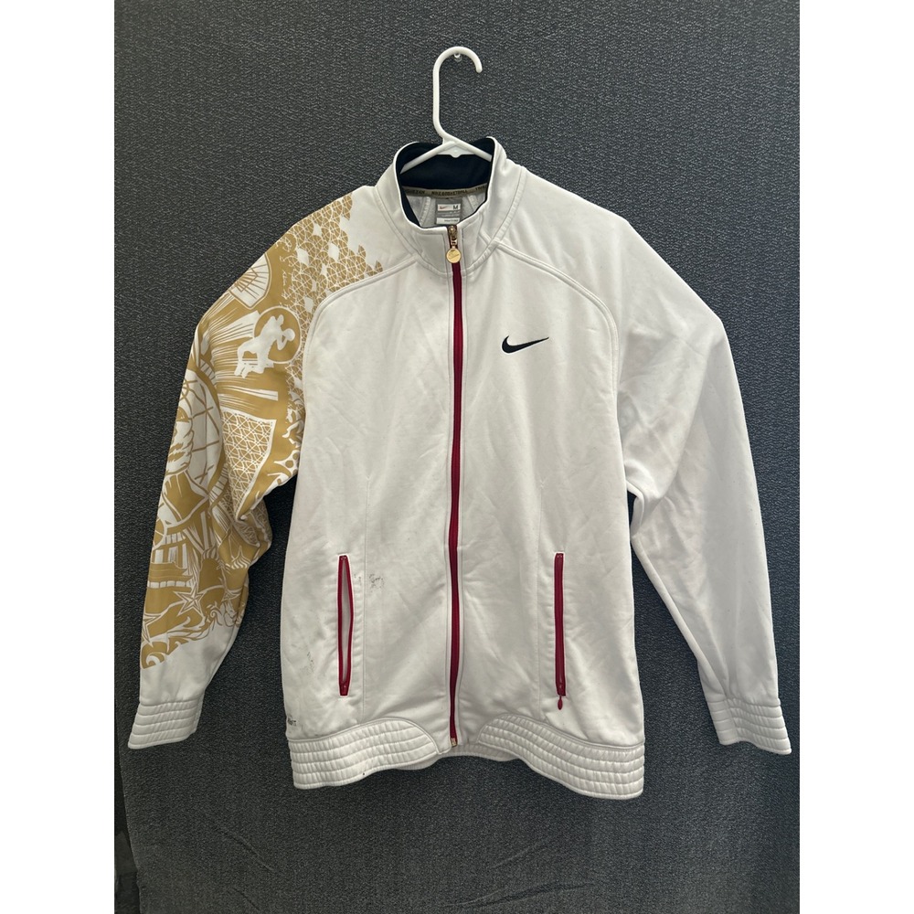 Nike Basketball Track Jacket Mens Medium White Gold Graphic Nike FIT DRY Zip